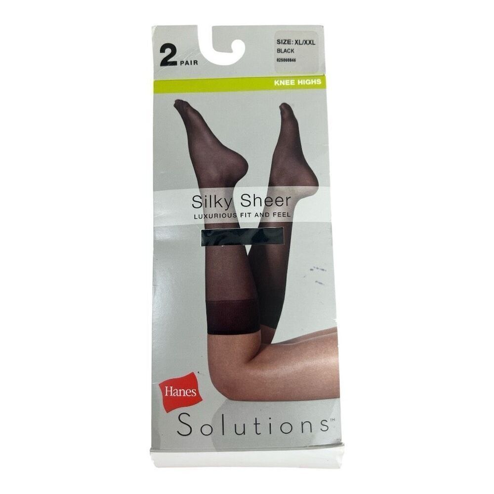 Hanes Solutions 2 Pair Black Silky Sheer Knee Highs Hosiery Size XL-XXL